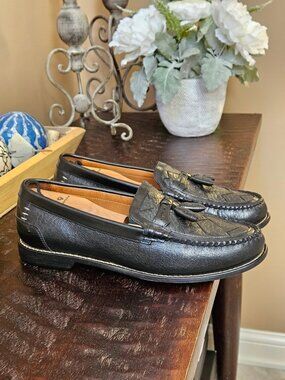 Trask Men's Woven Black Leather Tassel Loafers, Sz 9